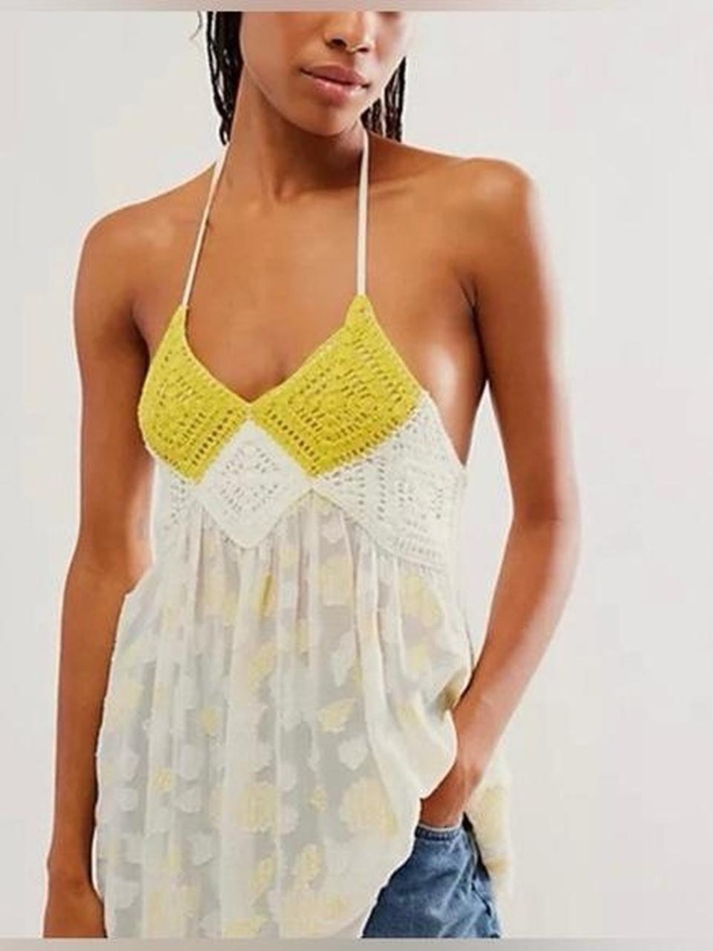 Free People Yellow and White Crochet Halter Tank